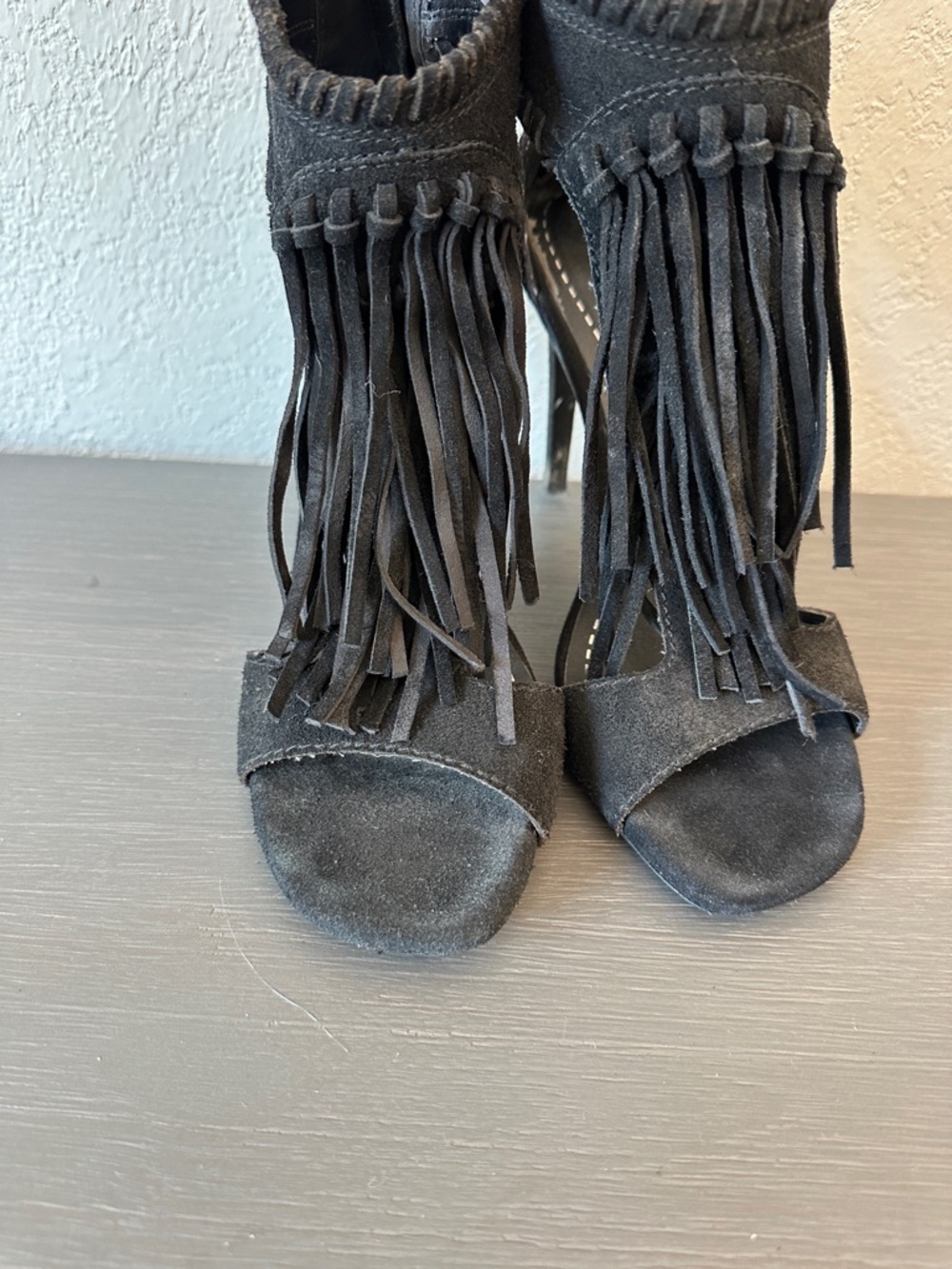 Chinese Laundry Black Suede Fringe Open-Toe Heels